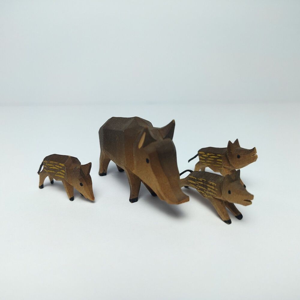 Handmade Waldorf Style Wooden Wild Boar Family Mini Figurine 4 Piece Set